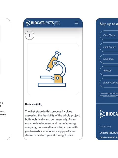 Mockups of Biocatalysts Craft CMS website pages in the mobile version, including; list of services, products and contact form pages