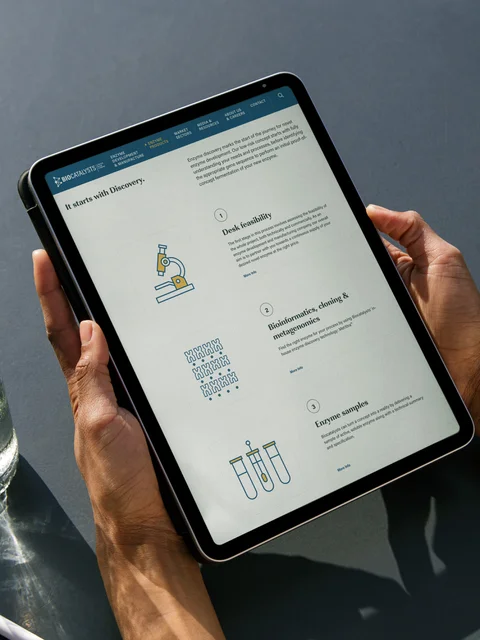 A screen with a list of benefits of Biocatalyst's service in tablet view