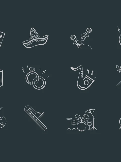 Gecko Live's web design elements in small icons including a number of musical instruments