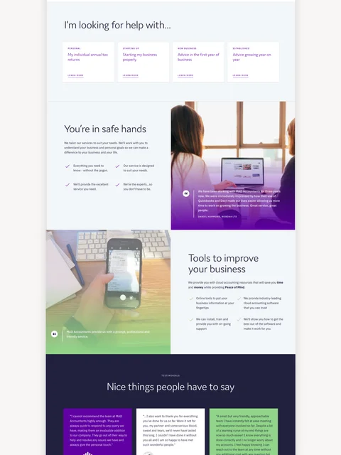MAD Accountants Craft CMS website page designs in one vertically long page