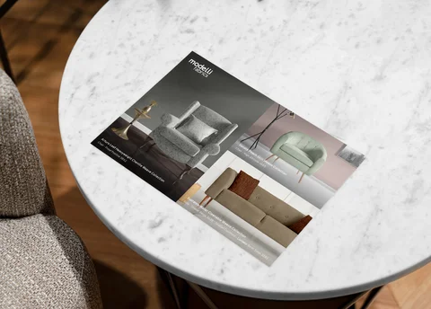 Physical flyer of furniture featuring Modelli Fabrics' products made by webdna, graphic design agency in Nottingham