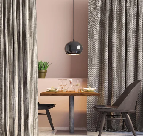Two chairs and a desk with curtains featuring Modelli Fabrics