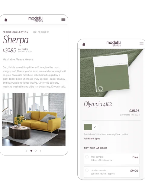 2 examples of Modelli Fabrics Craft CMS web design in mobile view
