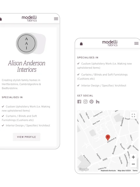 2 Examples of Modelli Trade Directory on the Craft CMS website in mobile view