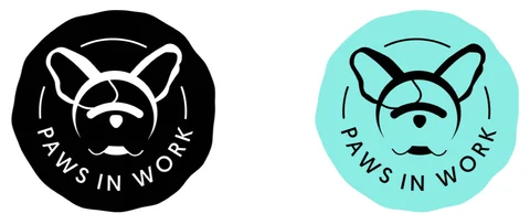 A set of Paws in Work badges, one in black and white and the other in an electric blue
