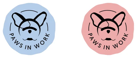 A set of Paws in Work badges, one in a light blue and the other in a salmon shade