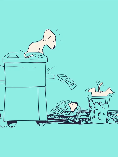 Paws in Work illustration with a dog on the top of a printer