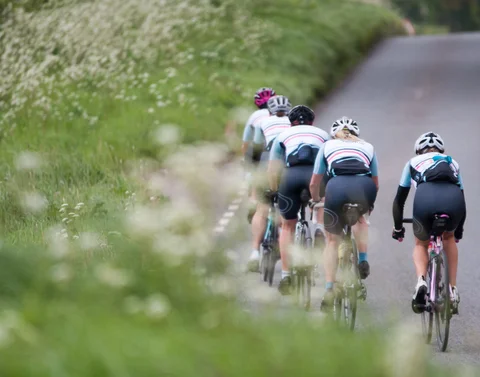 A team of five road cyclists on a country road