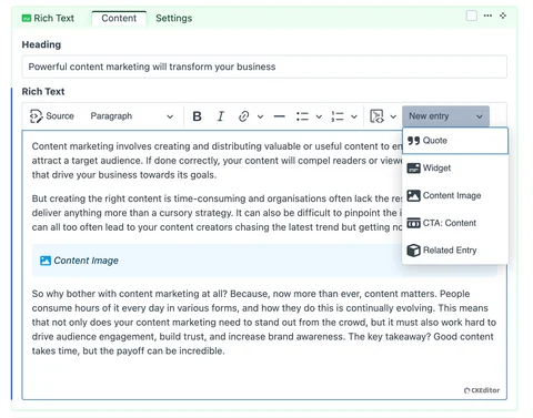 Craft CMS developer company webdna shows an example of rich test editor features in Craft CMS 5.