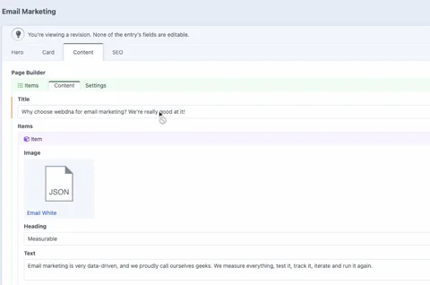 Craft CMS developer company webdna shows an example of how editing content looks like in Craft CMS 5.